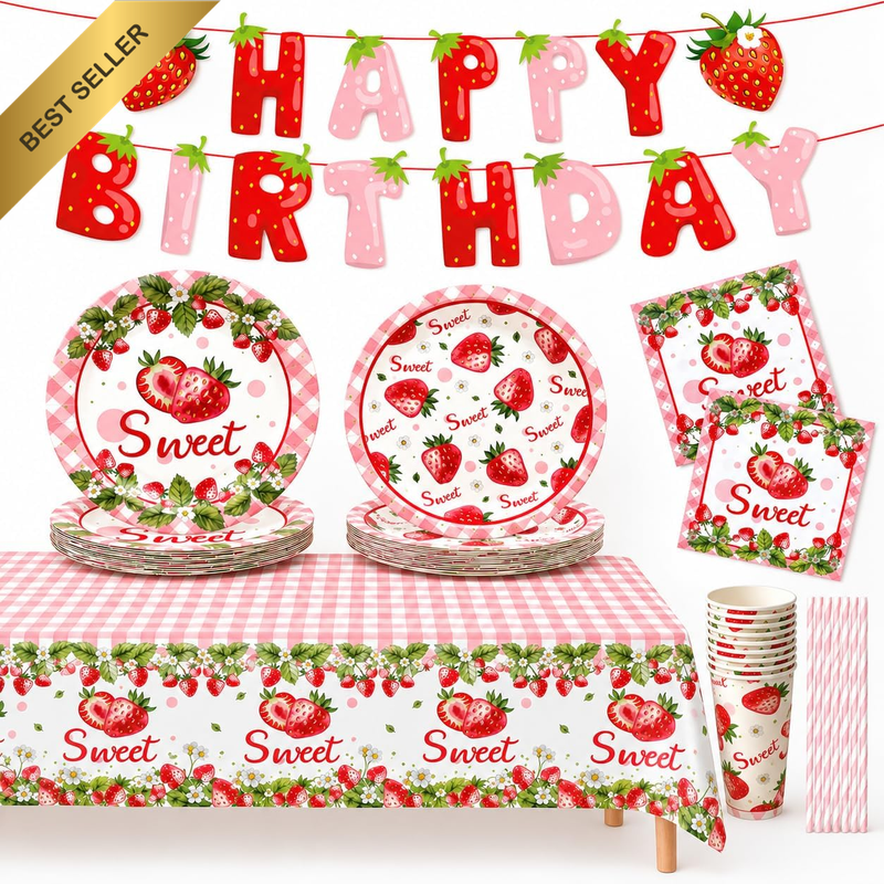 Pink Strawberry Birthday Decorations for Girls - Watercolor Fruit Party Supplies