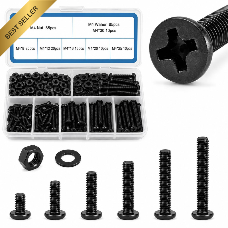 255Pcs M4 Machine Screws Nuts & Washers Kit, Flat Head Phillips