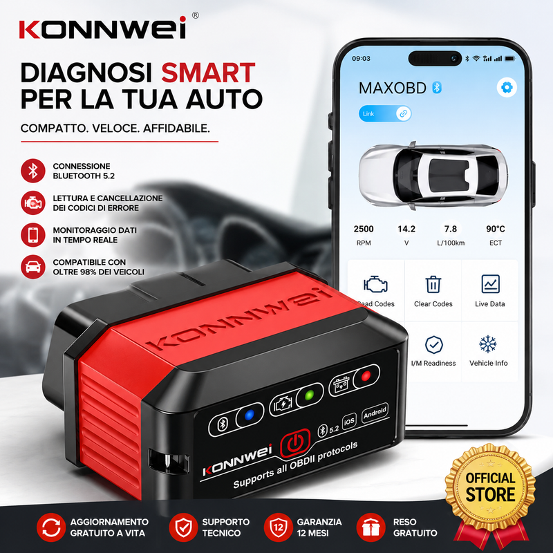 Scanner OBD2 KONNWEI KW905 Diagnosi Auto Bluetooth iOS Android Lettore
