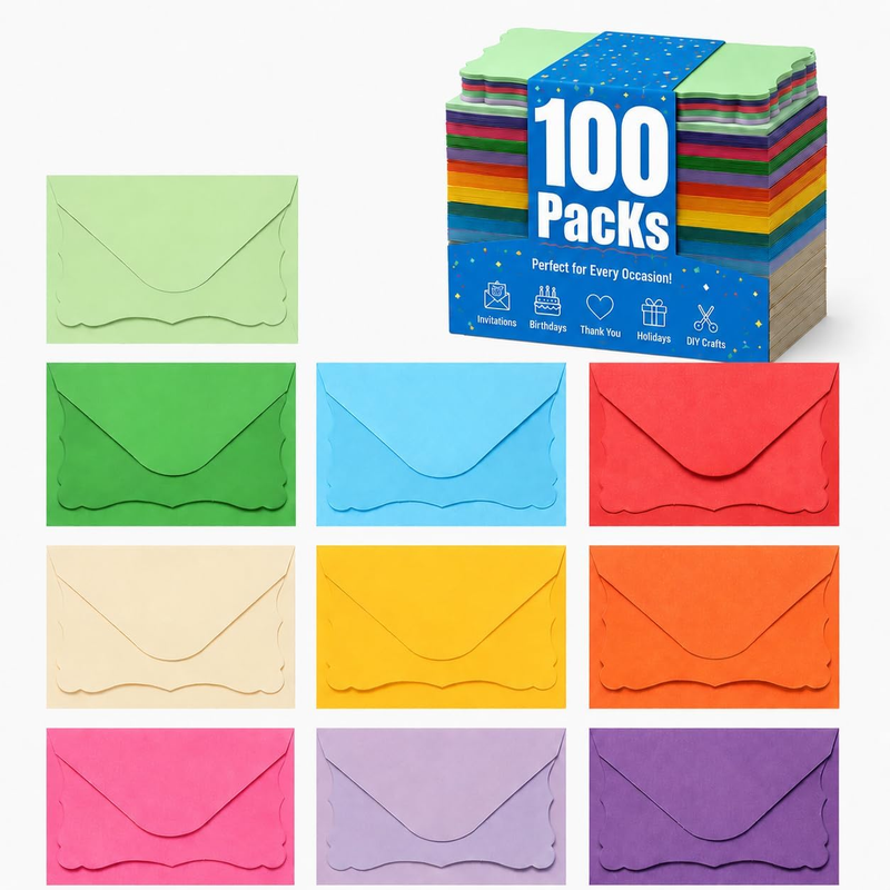 100 Pack Mini Cards with Envelopes, Small Colorful Blank Note Cards with Self-Ad