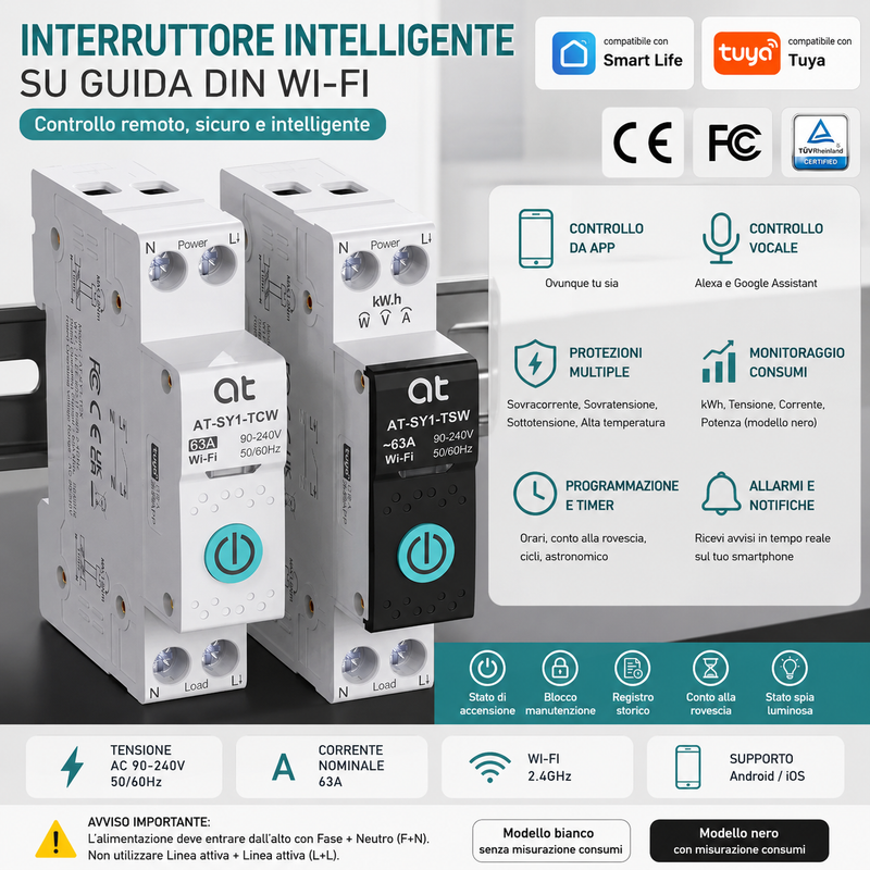 Interruttore Intelligente WIFI, Interruttore Smart DIN, Magnetotermico Tuya