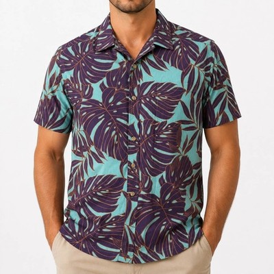 Cooke Street Mens Hawaiian Shirt Medium Light Blue Purple Monstera Leaf Cotton
