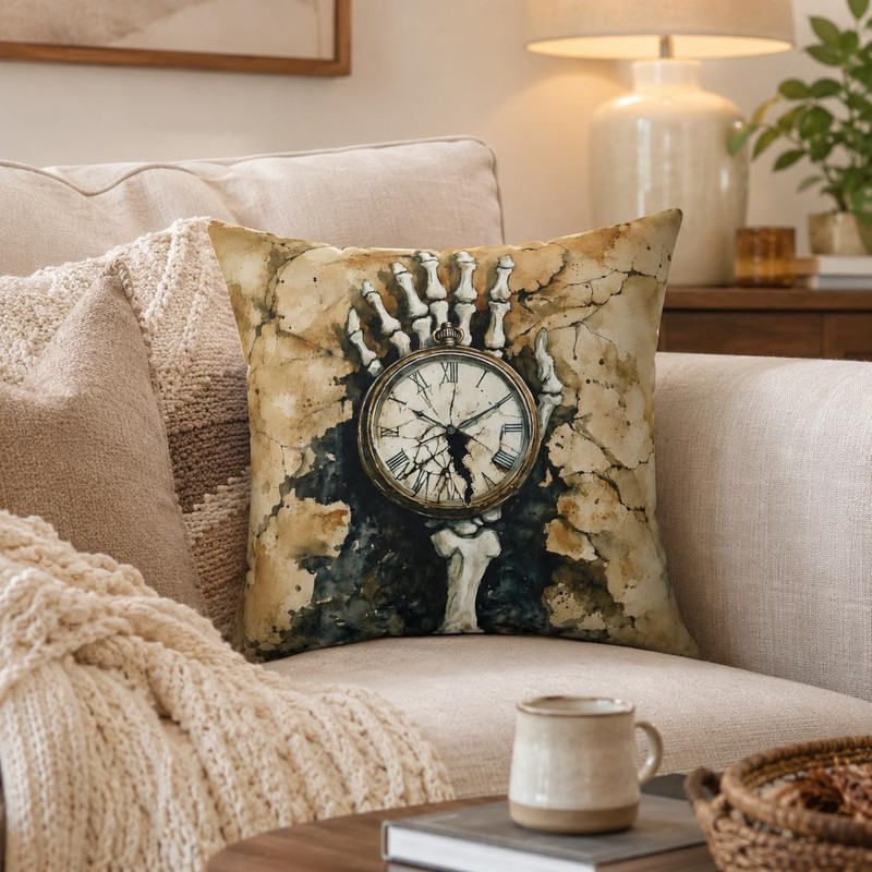 Skeleton Hand Clock Pillow Square Gothic Decor Vintage Sepia Suede