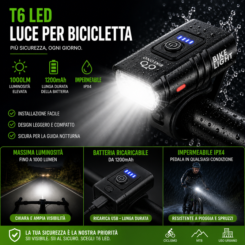 Faro Bici LED 1000LM Torcia Bicicletta T6 USB Ricaricabile Luce Ciclo Alluminio