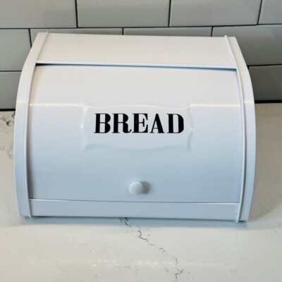 Farmhouse Breadbox White Bread Metal Storage Flip Roll Top Holder Black Letters