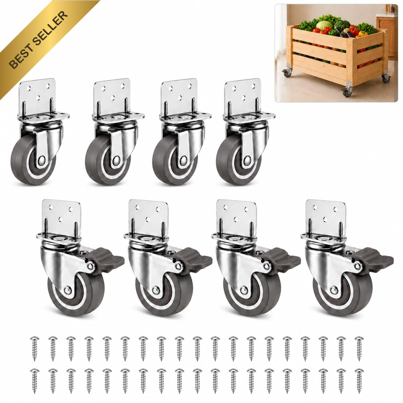 2" Caster Wheels for Furniture, 8 Pack, 4 Swivel + 4 with Brakes