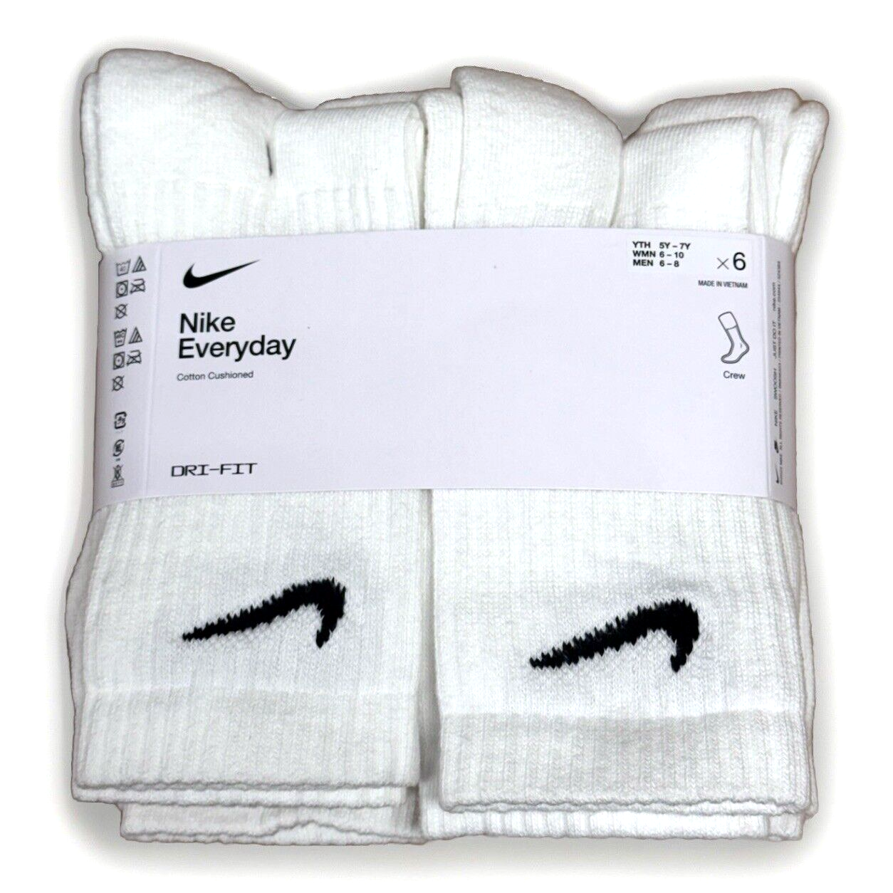 AUTHENTIC Nike Kid's Youth Everyday Crew Socks 6-PAIRS WHITE MEDIUM 5Y-7Y