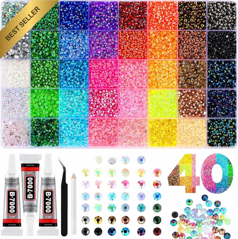 32000Pcs Rhinestones for Bedazzling, 40 Colors 3Mm Flatback Crystal Gems with 3P