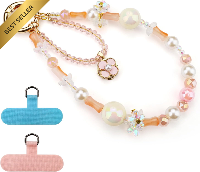 Phone Wrist Strap, Pink Flower Beaded Phone Charm for Women