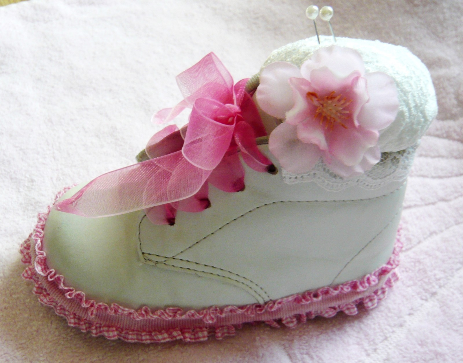 Shabby Chic Romantic Cottage  Baby Shoe Pin Cushion Pink and White