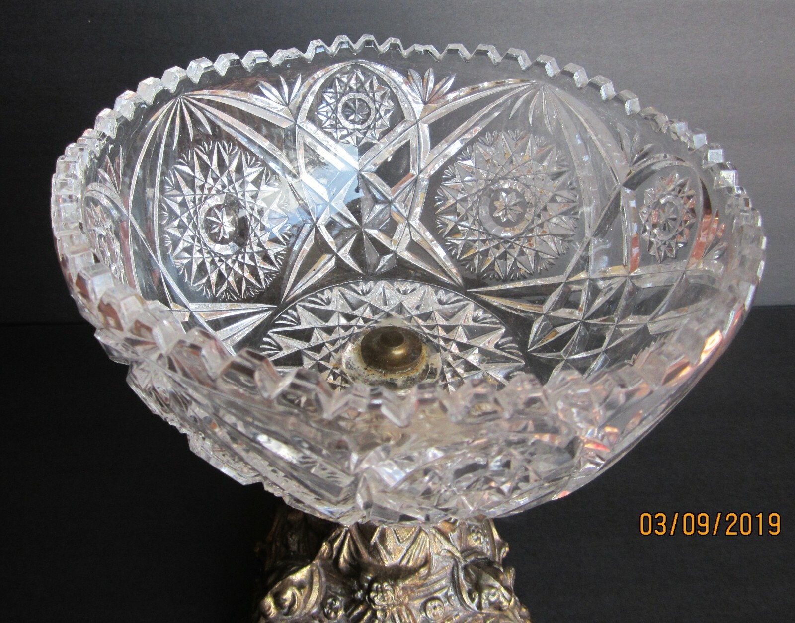 ANTIQUE ORNATE PILGRAM & LION BRASS Lg. FOOTED CRYSTAL COMPOTE