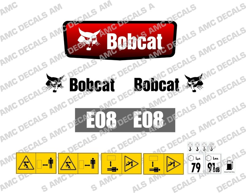 Bobcat E08 Mini Digger Pelleteuse DÃ©Calque Autocollant Set