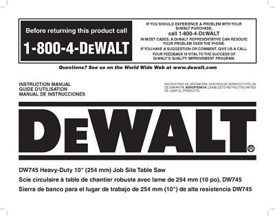 Dewalt Table Saw  Instruction Manual Model #DW745
