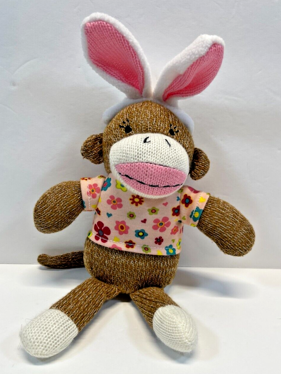 Dan Dee SOCK MONKEY Easter BUNNY 12 Inch Plush Pink Brown Floral Shirt Flower
