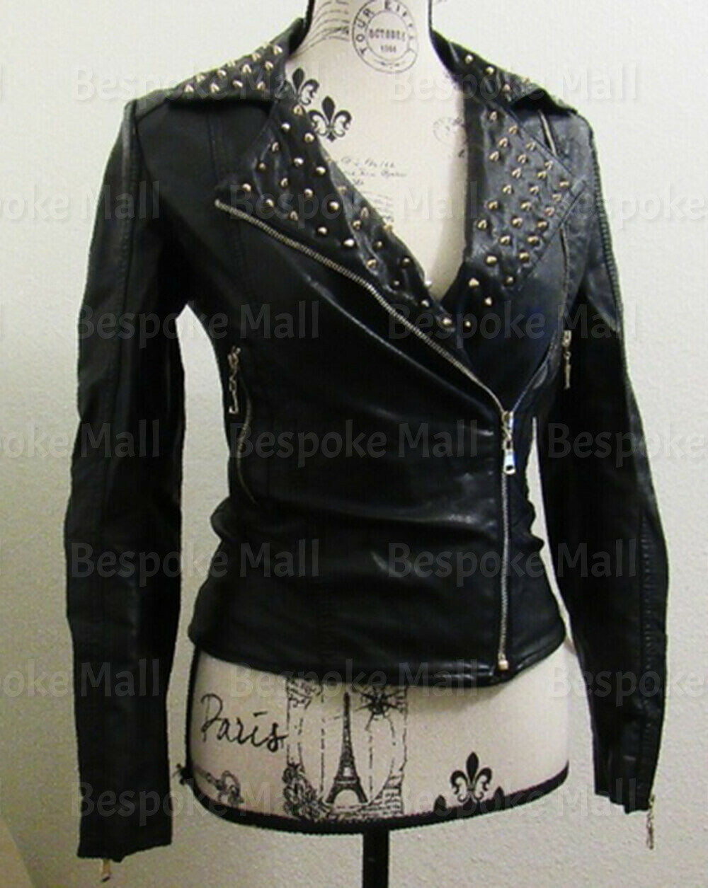 Pre-owned Handmade Women  Black Silver Studded Brando Style Cowhide Leather Jacket-691