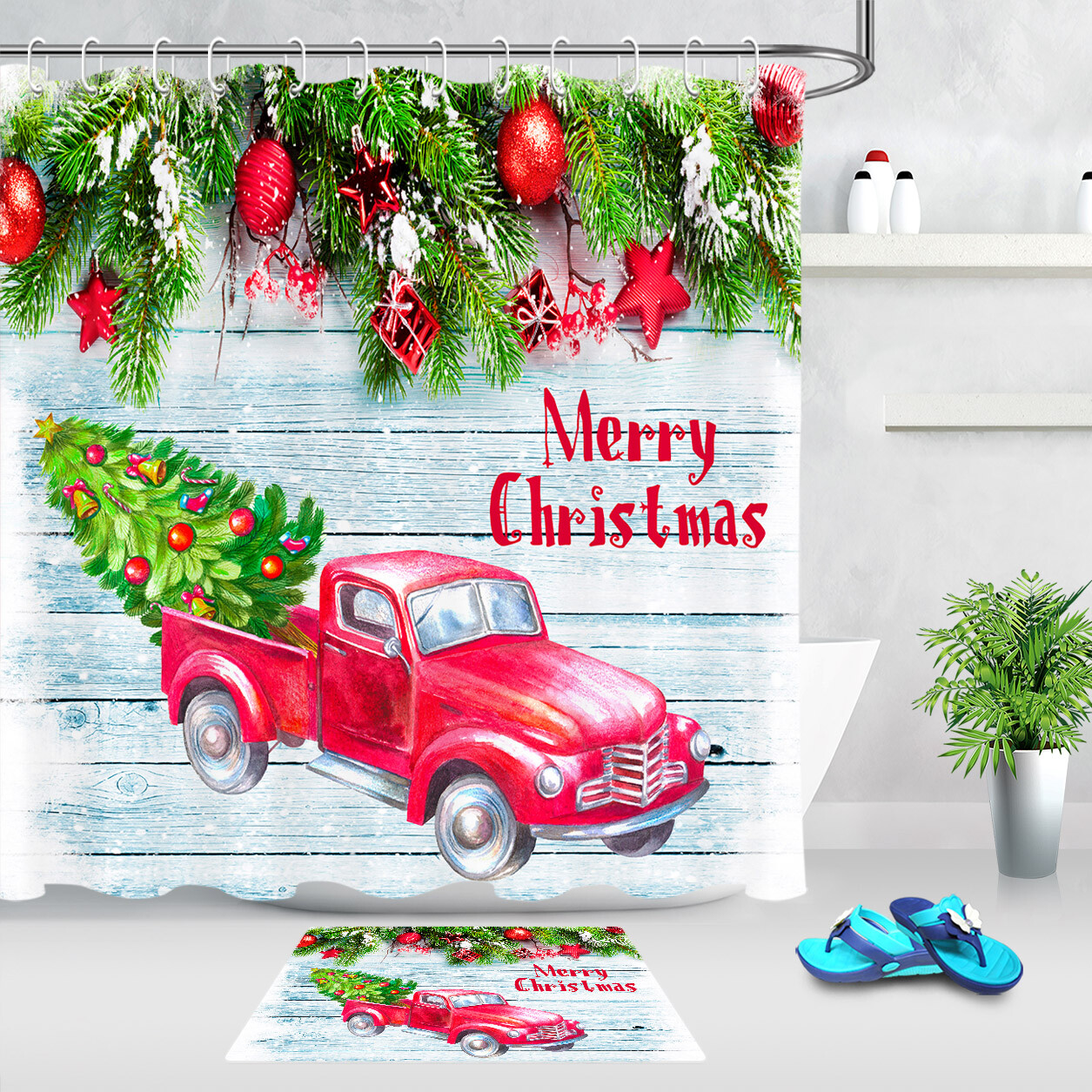 Winter Car Christmas Tree View Fabric Shower Curtain Bathroom Waterproof 71/"