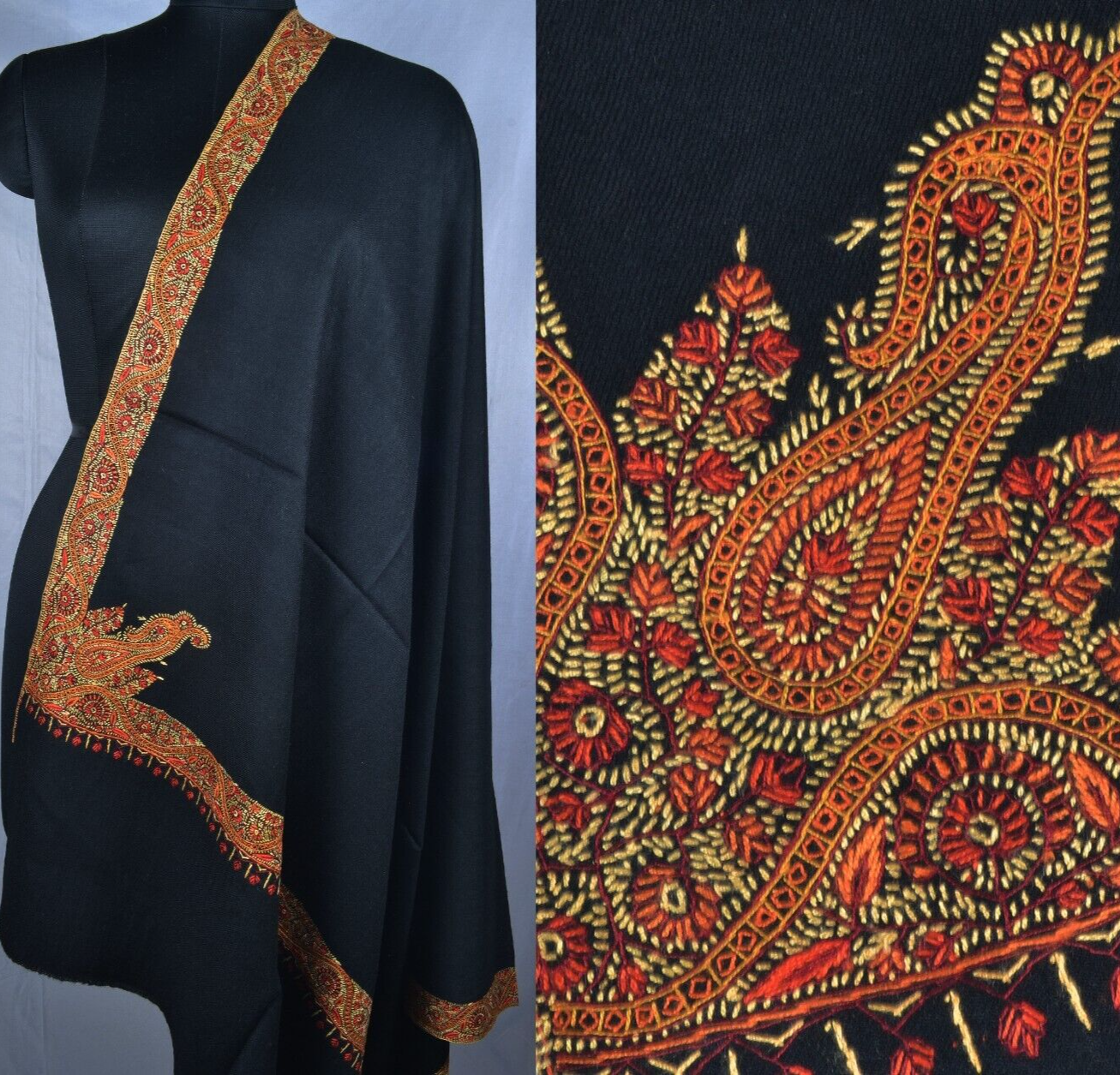 Kashmiri Shawls カシミヤショール ネイビー BLACK KASHMIRI SHAWL PAISLEY BORDER HAND EMBROIDERED