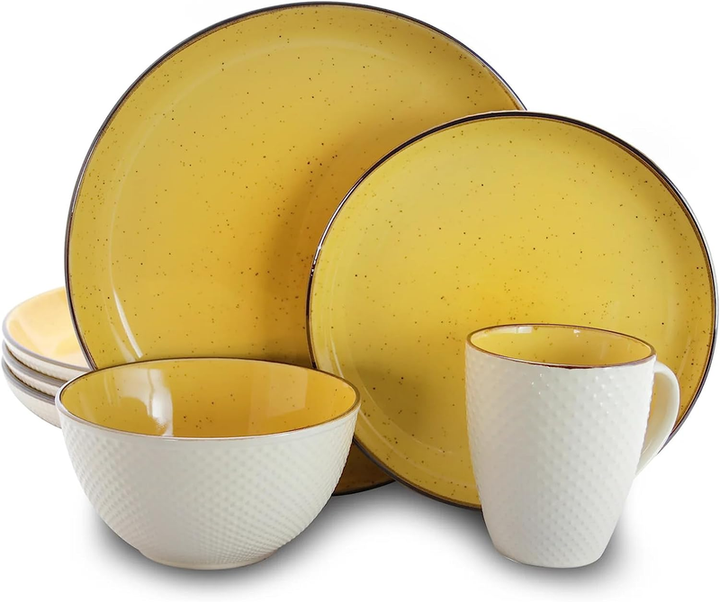 round Stoneware Luxurious Mellow Dinnerware Dish Set, 16 Piece, Bright Yellow an