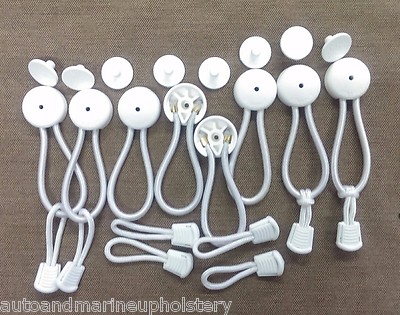 6 White Bungee Shock Cord Clip & Pull Cord & Knob ''Stayput'' Tie Down Boat Cover