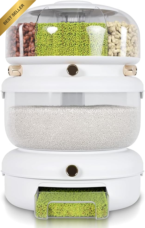 Double Layer Rice and Grain Dispenser, Sealed 3-In-1 Rotating Food Storage, Rice
