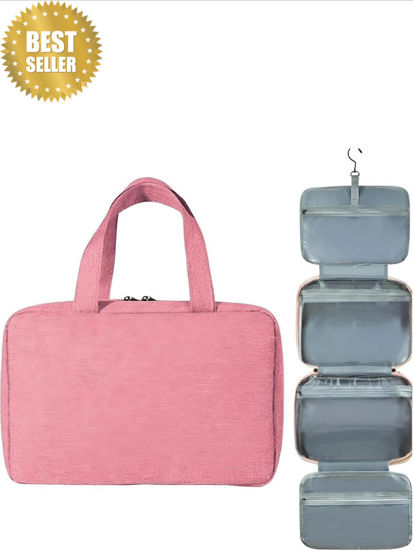 Toiletry Bag for Women in Pink – Large Travel Makeup Bag with Hanging Hook & Han