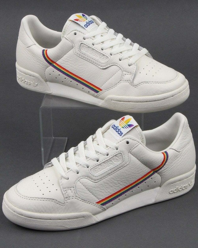 white adidas with rainbow stripes