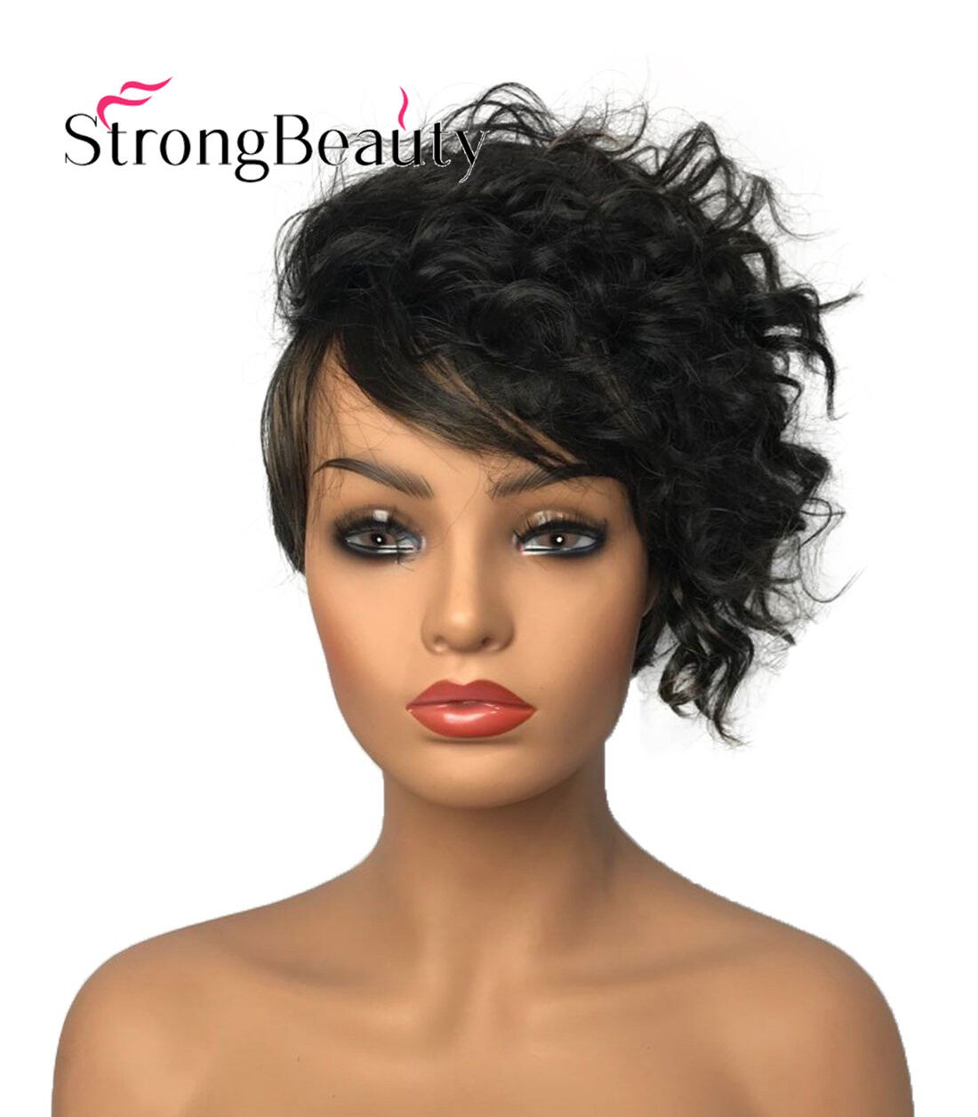 Women Short Curly Hairstyle Side Part Highlight Color Synthetic