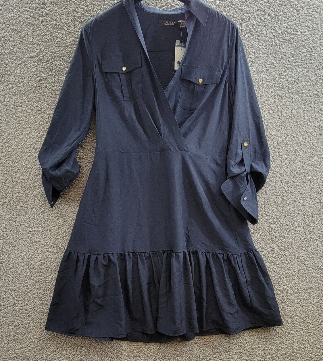 Lauren Ralph Lauren Crepe Shirtdress Women's 10 Navy Collared Side Zip Closure - Picture 2 of 19