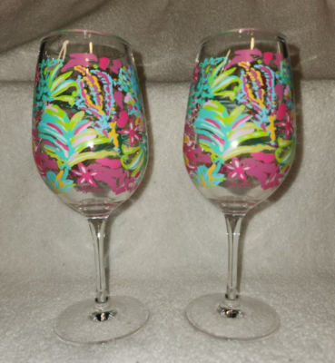 Lilly Pulitzer Set of 2 Plastic Stemmed Wine Glasses Pink Green Aqua Orange
