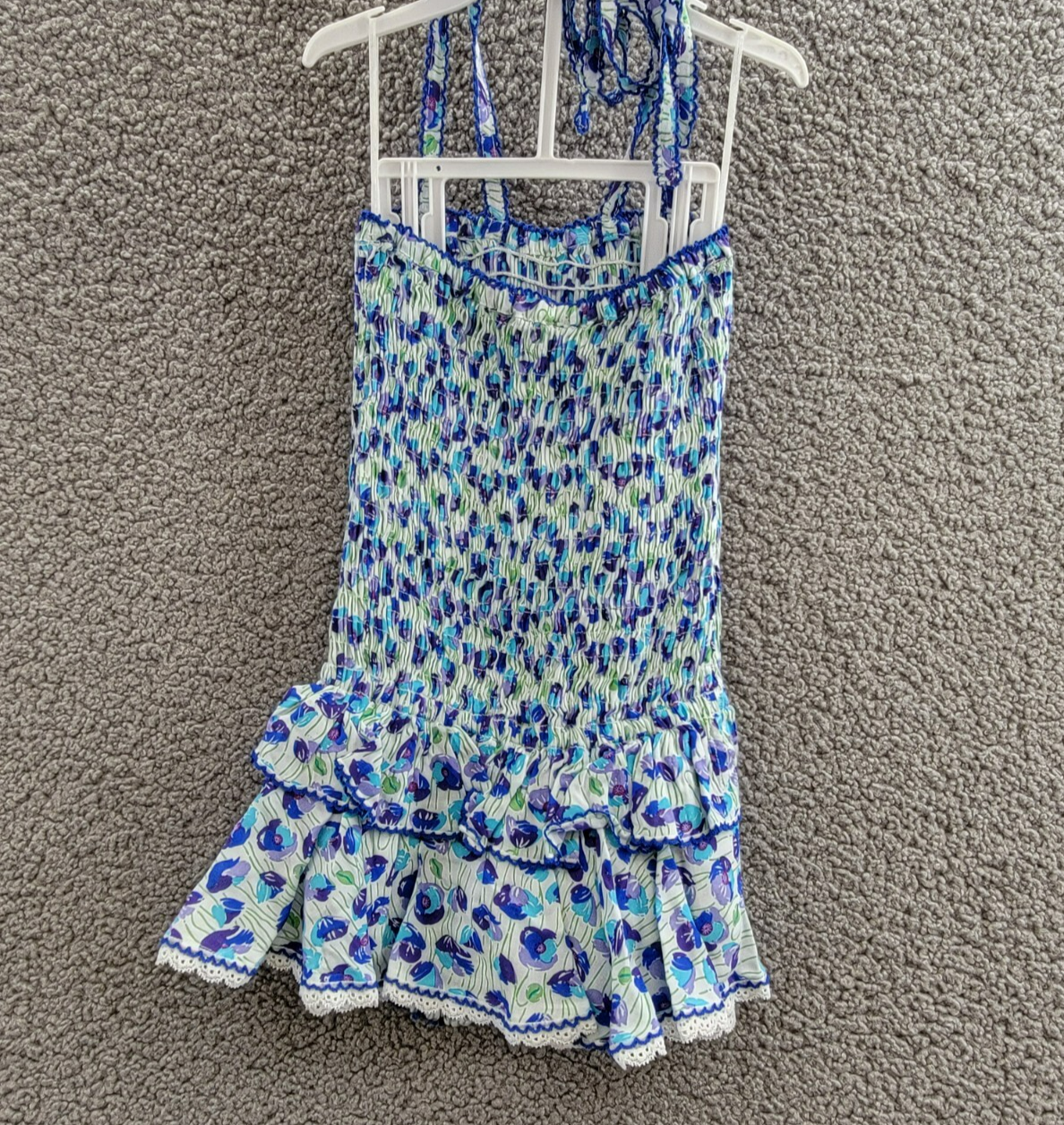 Poupette St. Barth Smocked Bandeau Dress Girls' 4 White/Blue Ruffled Tie Closure - Picture 9 of 15