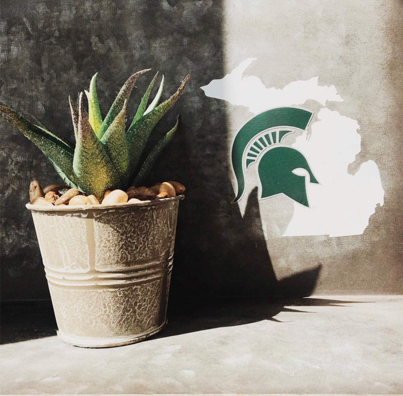 Michigan State Spartans Green Helmet on White State of Michigan Car Decal - MSU