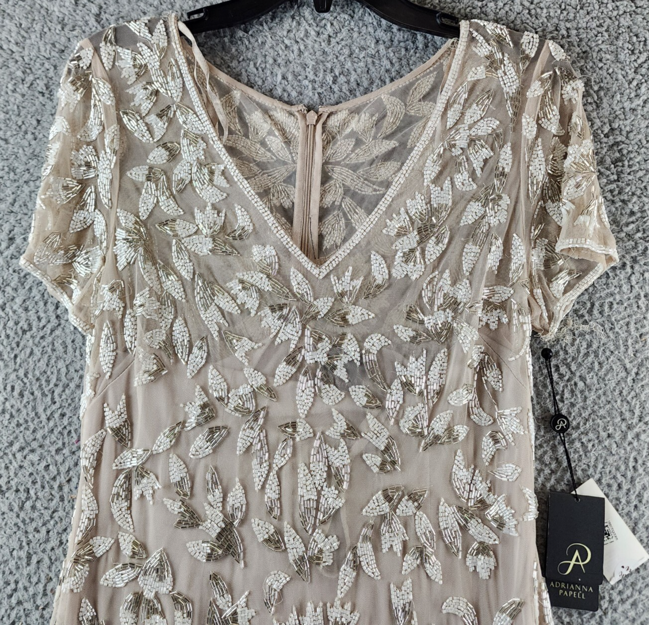Adrianna Papell Beaded Godet Gown Women's 10 Beige V-Neck Hook & Eye Closure S/S - Picture 5 of 24