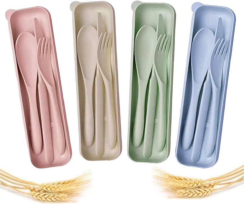 4 Sets of Travel Cutlery Set, Camping Cutlery Set, Reusable Wheat Straw Cutlery