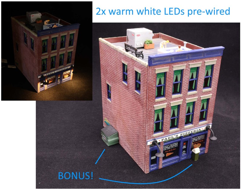 3 Story Building Pizza Shop Weathered Detailed LED Lights HO