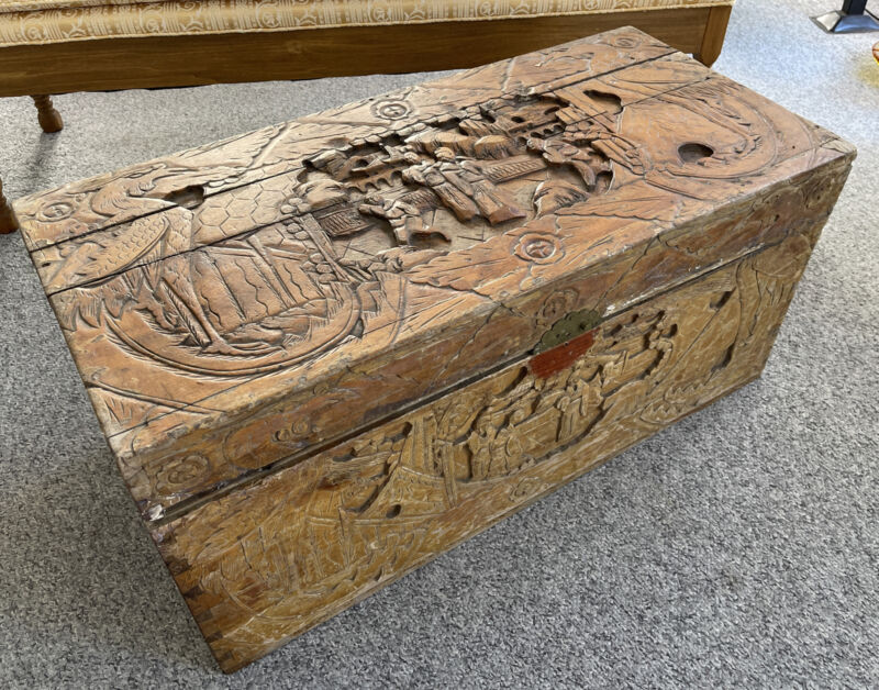3FT Antique Hand Carven Wooden Chinese Foot Locker Chest Great Detail