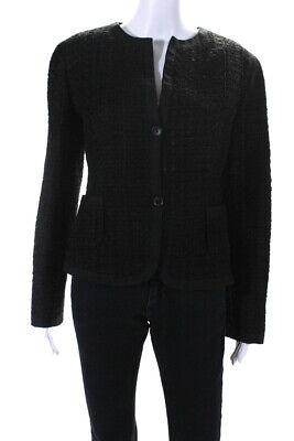 Agnona Womens Woven Two Button Round Neck Long Sleeved Blazer Black Size 46