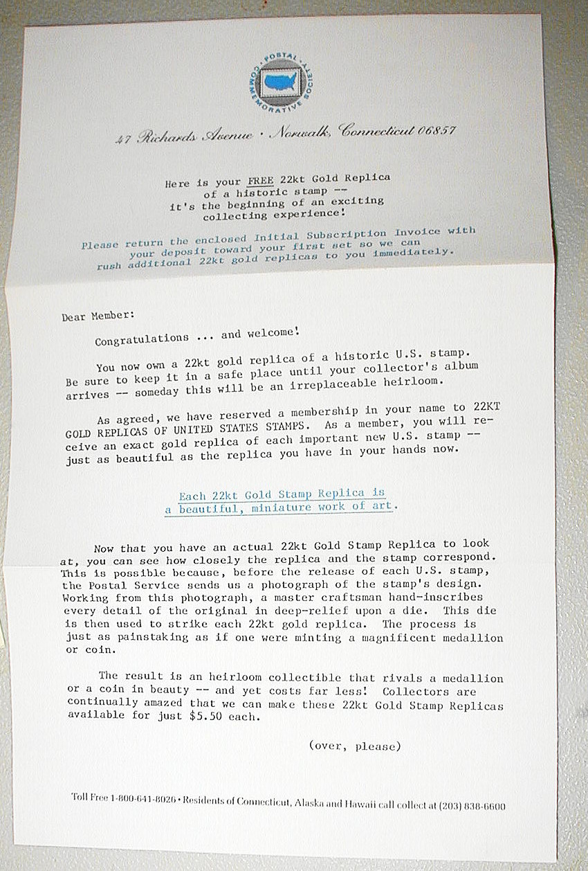 22K Gold US Postal Commemorative Society Replica Stamp Statue of Liberty NEW