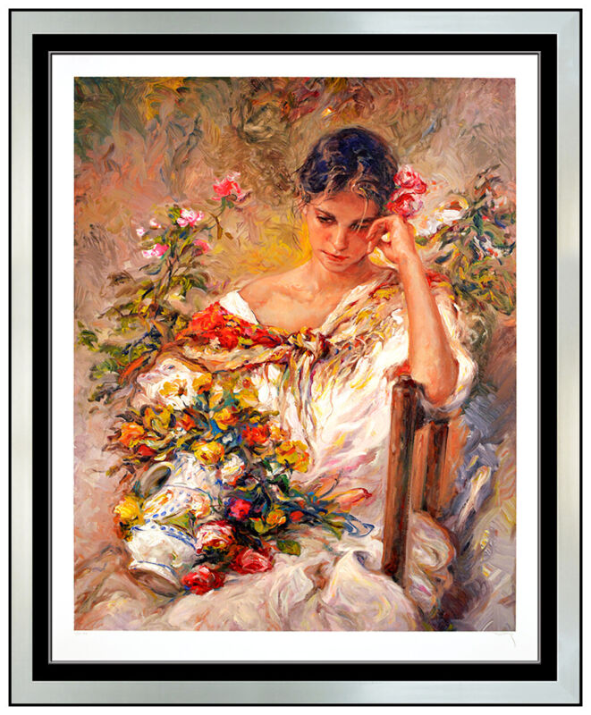 Jose Royo Large Color Serigraph Recuerdo Female Portrait Hand Signed Floral Art