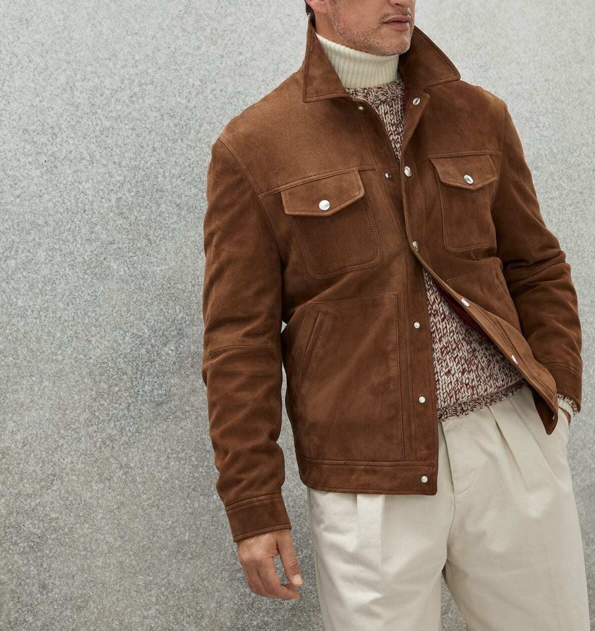 Trucker Jacket Coat Men's Brown Suede Leather Size S M L XL