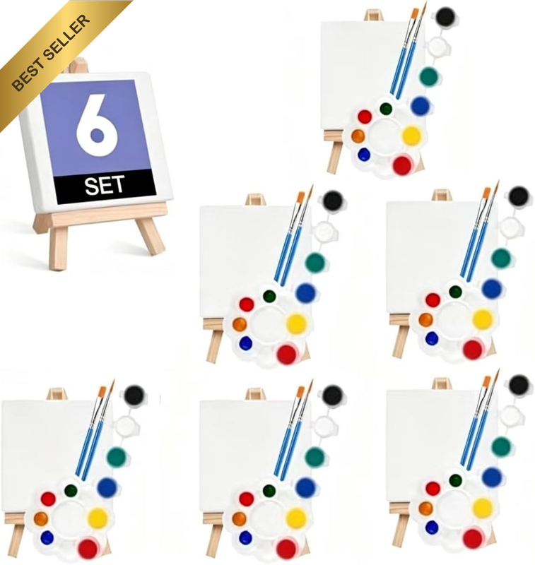 6 Set Mini Acrylic Paint Kit, Minis Stretched Canvas with Easel, Acrylic Paint S