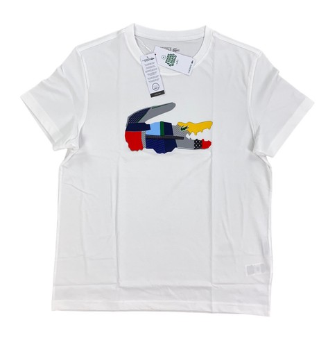 

НОВАЯ мужская футболка Lacoste Sport с коротким рукавом, многоцветная, с крокодиловым логотипом, белая, Spellout, Белый, TH0822