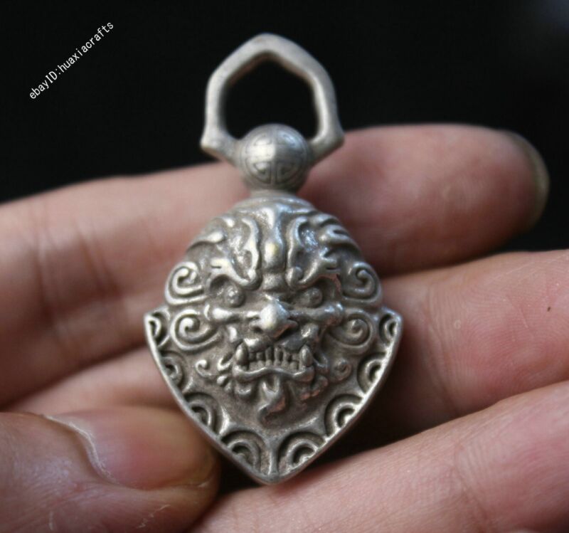 4.1 CM Old China Miao Silver Feng Shui Lion Beast Head Pendant Amulet Necklace