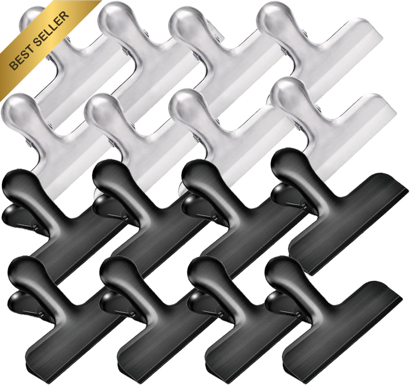 16 Pack Stainless Steel Black and Silvery Chip Clips, Heavy Duty Food Bag Clips