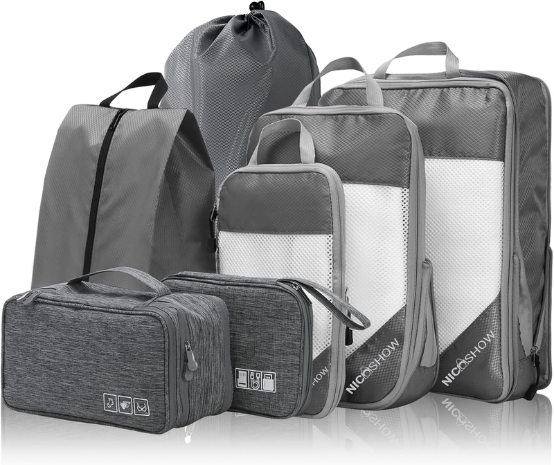 Travel Luggage Organizers Compression Packing Cubes for Suitcases 7 Set Grey