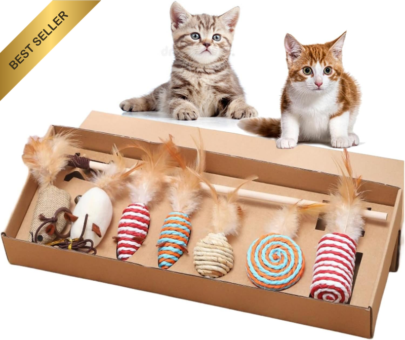 7 Pack Cat Feather Toys Set Interactive Ball Mice Indoor Kitten Fun Toy