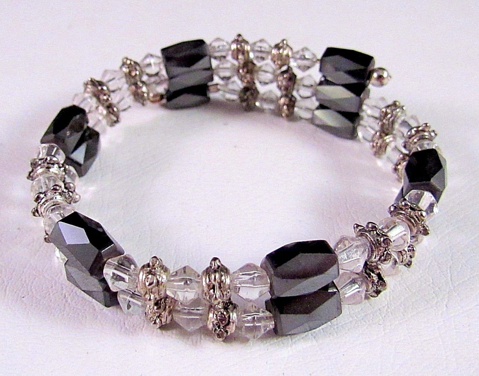 Hand Made Magnetic Bracelet Clear and Silver Tone Beads Black Magnetic Spacers