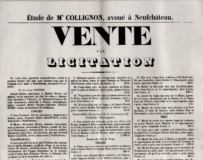 1867 Lorraine NeufchâTeau Placcard Vente Licitation Sionne Sivret Denocquart