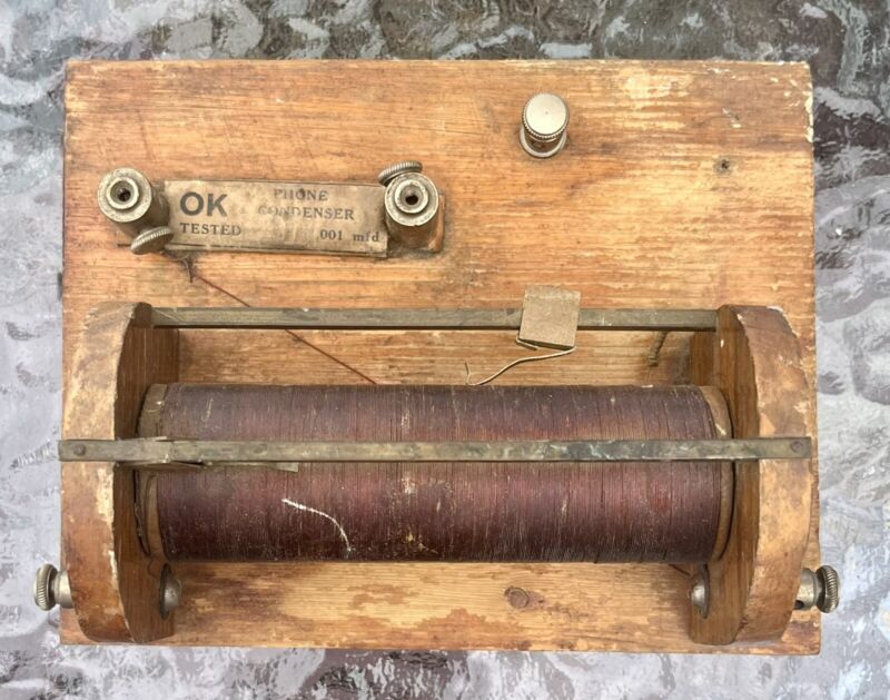 Early Crystal Radio Tuning Coil OK Tested Phone Condenser Wood Base Antique