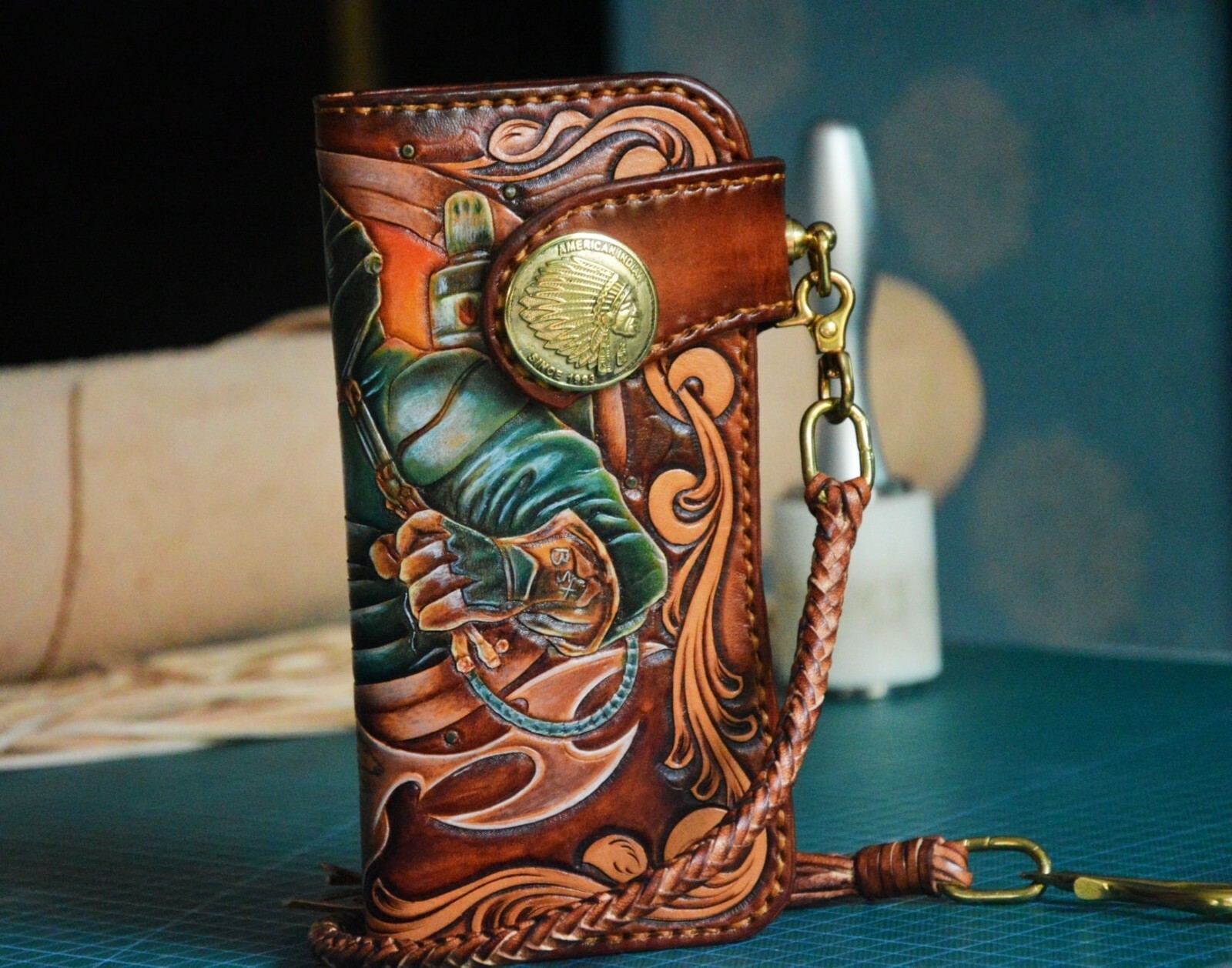 Pre-owned Handmade Custom Leather Biker Wallet Chain Robot Carved Wallet Personalized Gift X35 In Brown