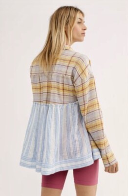

Free People Waiting On Summer Топ на пуговицах, туника светло-коричневого цвета в синюю клетку в полоску , НОВИНКА, Tan blue